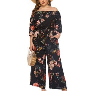 Elegant Floral Off-Shoulder Jumpsuit - Black size large.